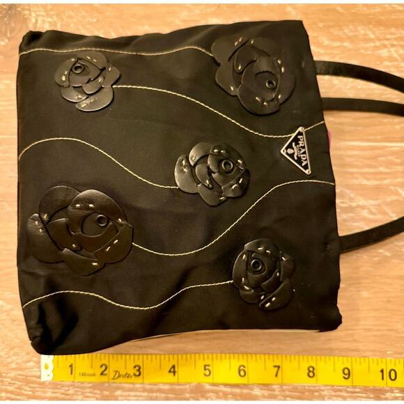 Prada Black Tessuto Nylon Shoulder Tote Bag Flower Applique Details Authentic - Picture 11 of 12